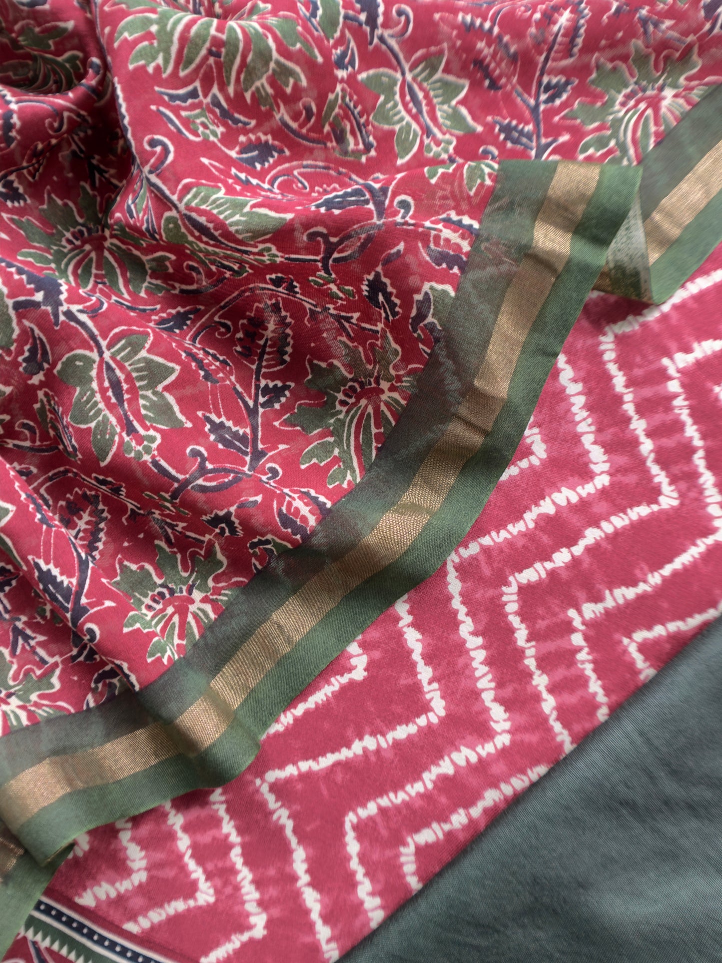 Hunter Green Ajrakh And Leheriya Handloom Maheshwari Silk Suit Fabric