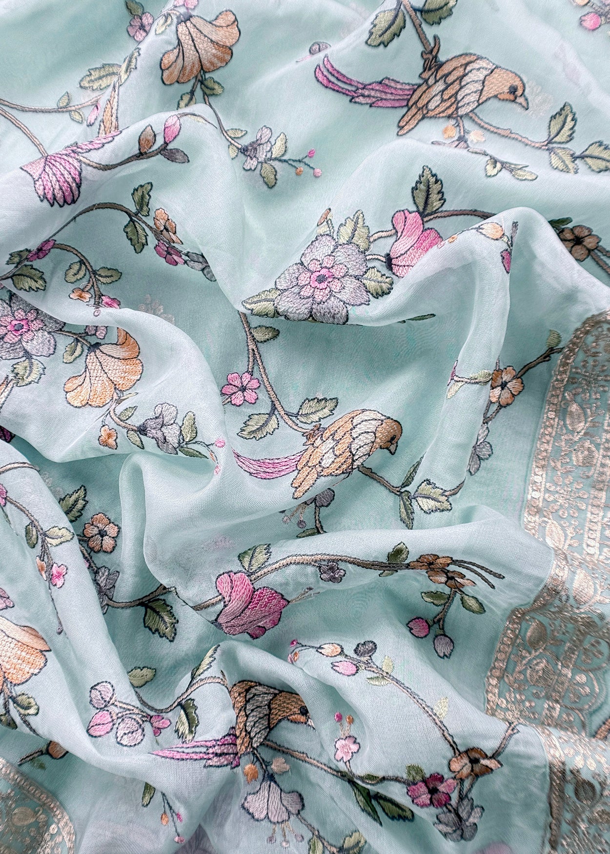 Sky Blue Handloom Mulmul With Pitta Work With Chidiya Thread Embroidery