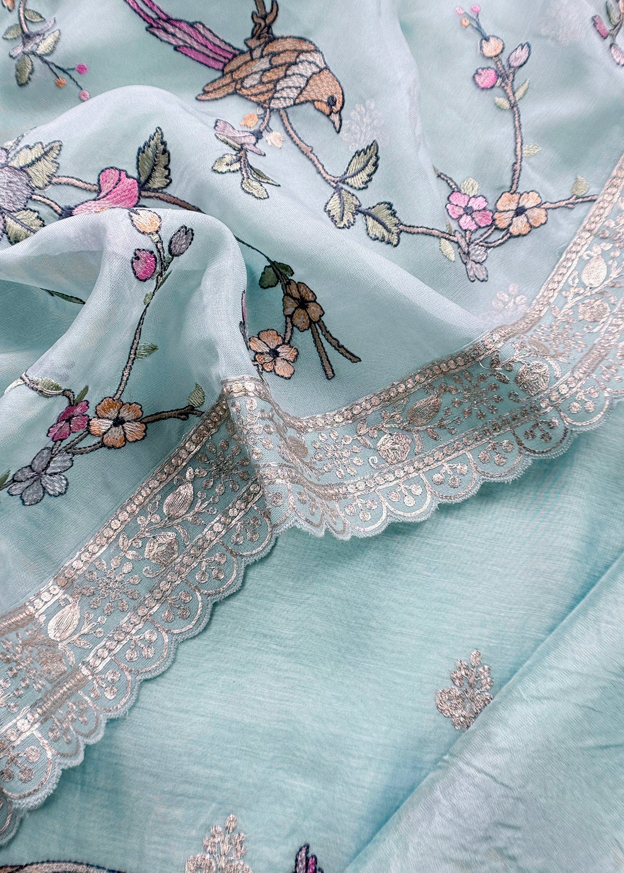 Sky Blue Handloom Mulmul With Pitta Work With Chidiya Thread Embroidery