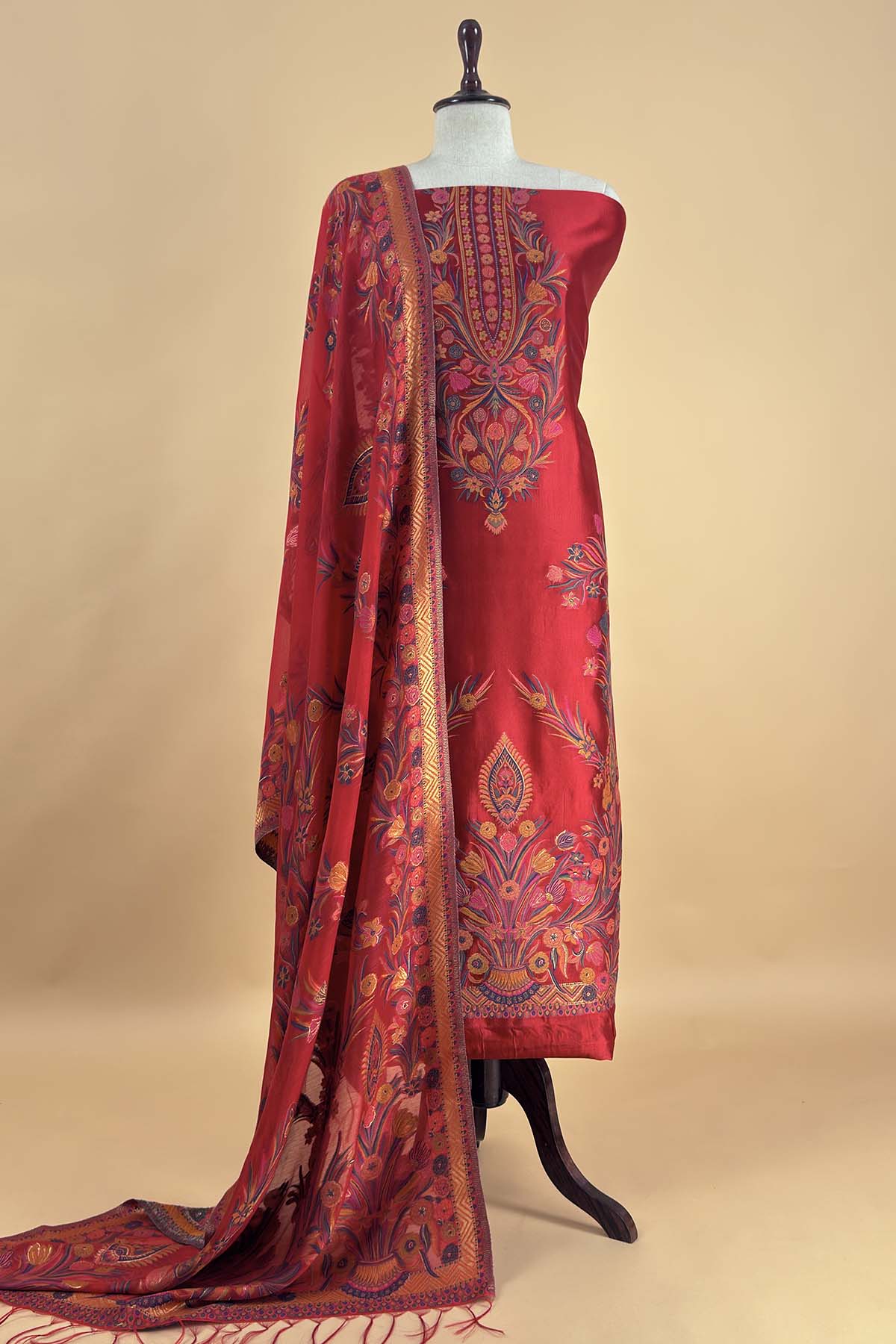 Maroon Unstitched Satin Silk Suit With Kani Weaving