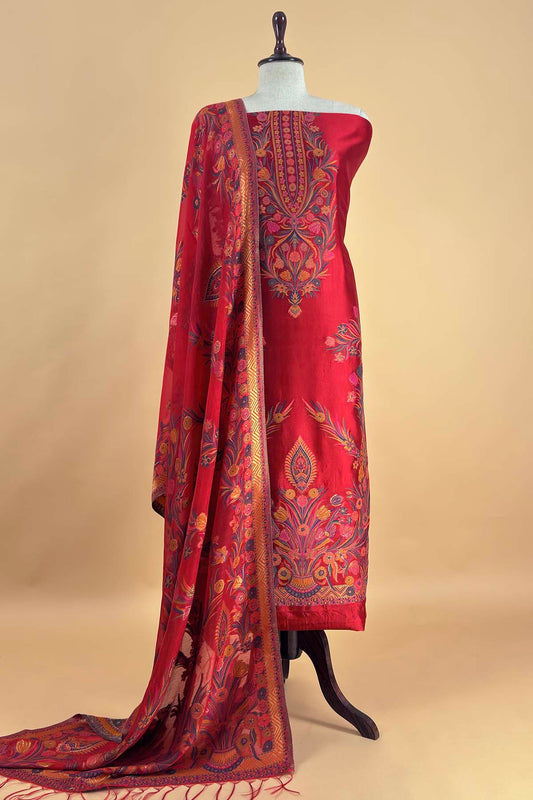Maroon Unstitched Satin Silk Suit With Kani Weaving