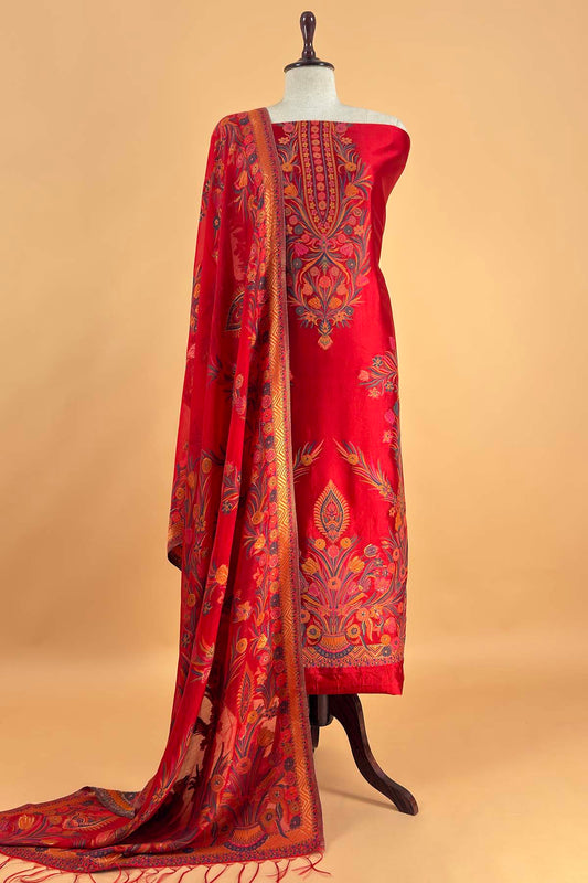 Red Unstitched Satin Silk Suit With Kani Weaving