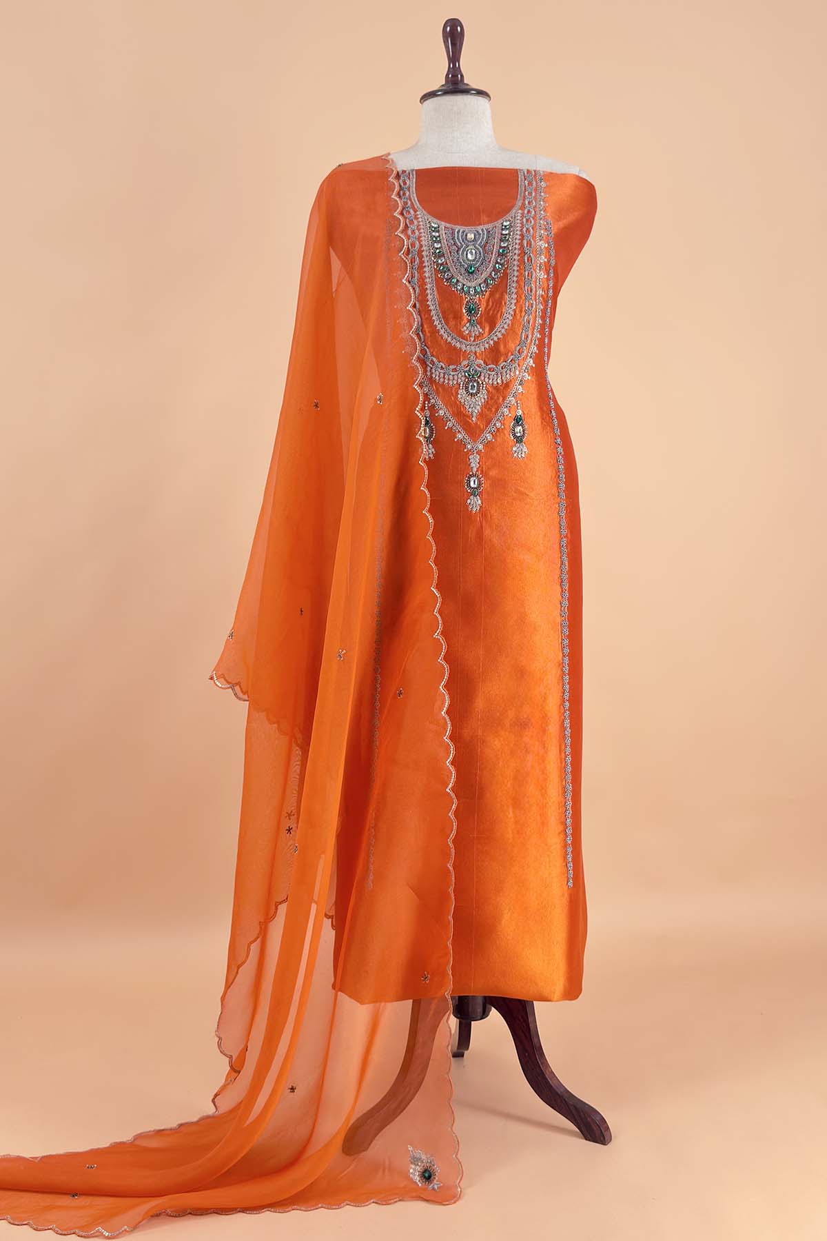 Orange Handloom Silk Suit With Pure Kora Silk Dupatta