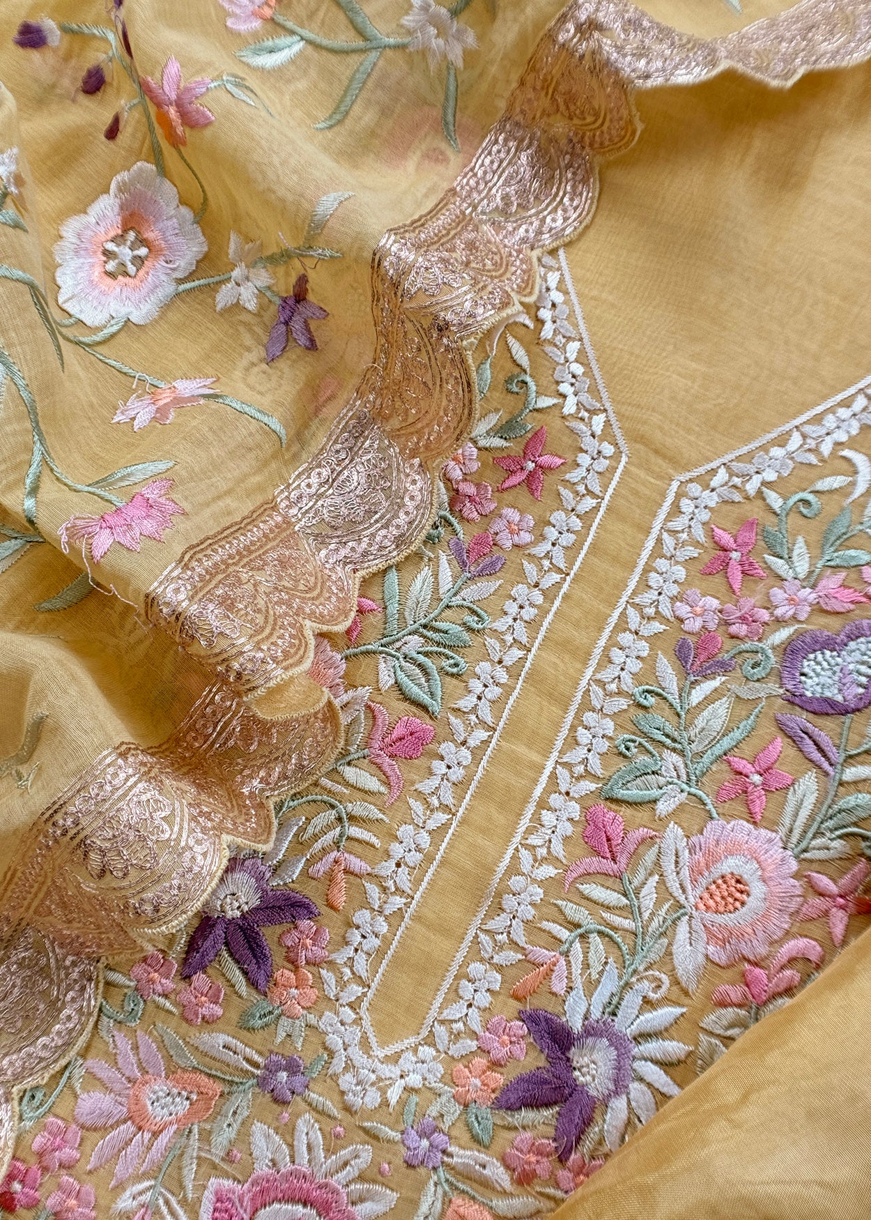 Light Yellow Pure Mulmul Suit With Parsi Embroidery