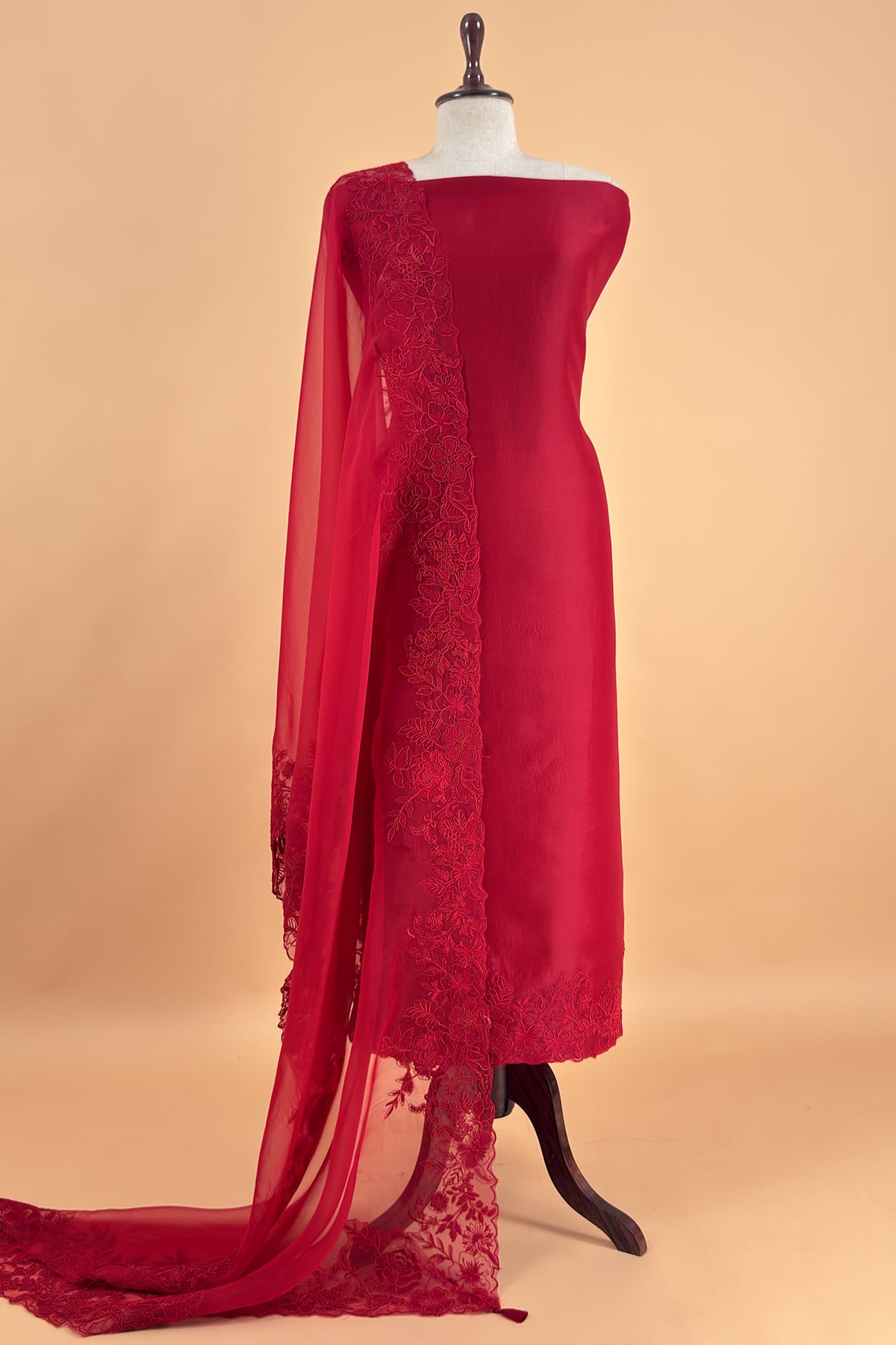 Kalasheel Luxe Red Handloom Organza Suit With Garden French Embroidery