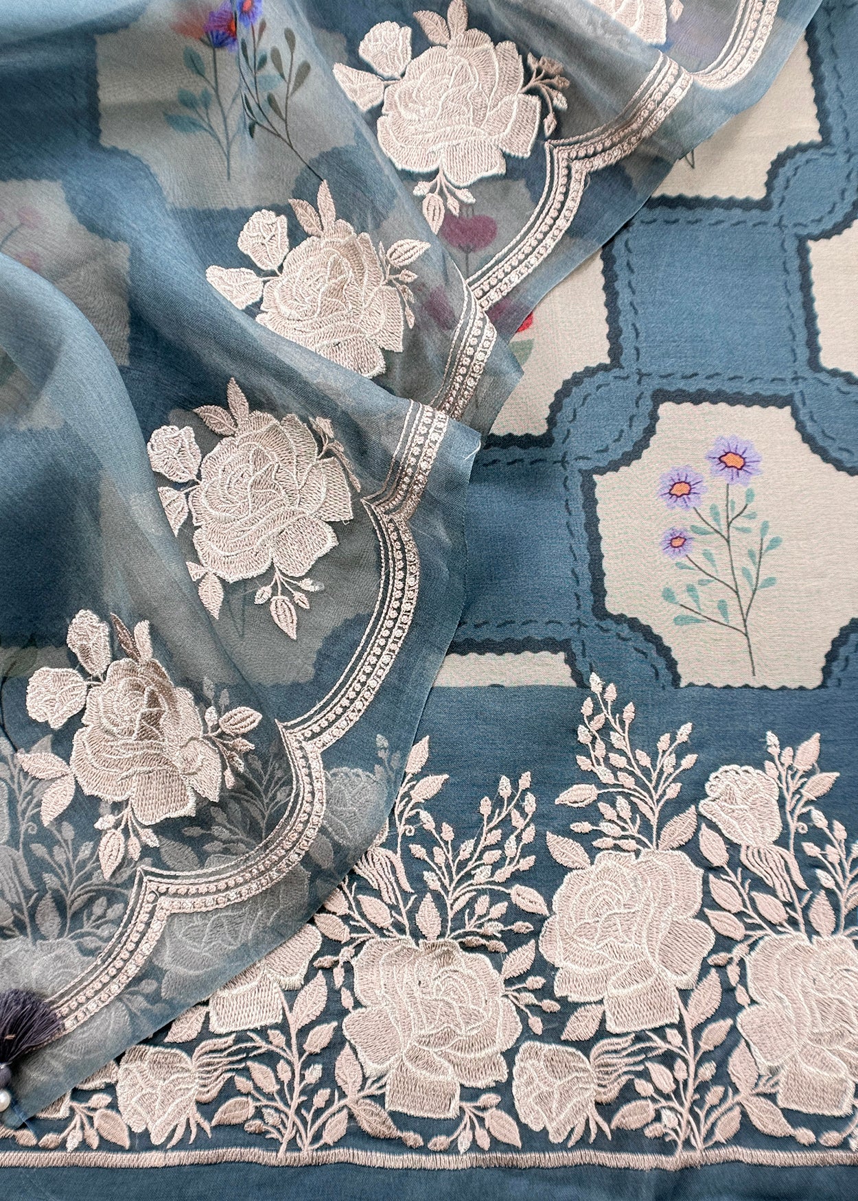 Steel Blue Handloom Kora Silk Suit With Parsi Embroidery