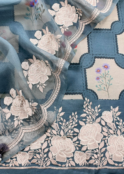 Steel Blue Handloom Kora Silk Suit With Parsi Embroidery