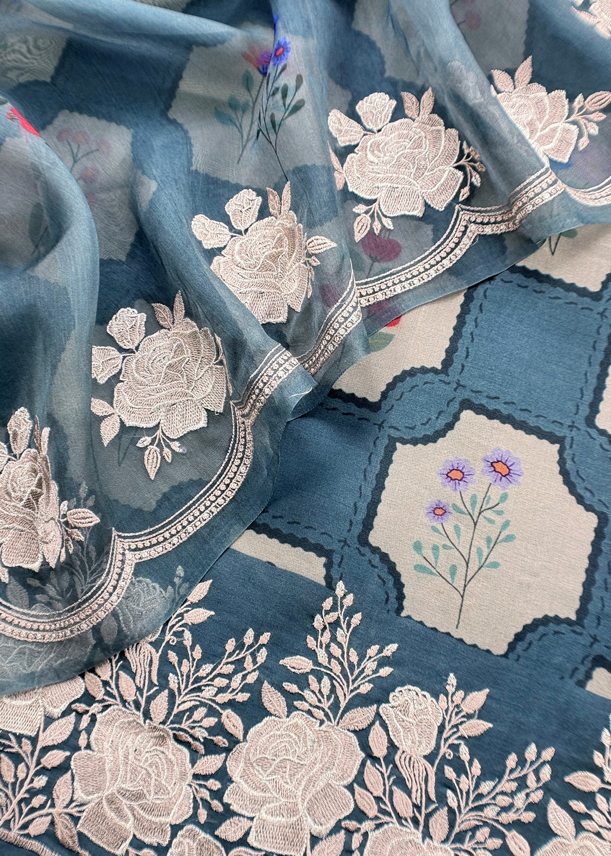 Steel Blue Handloom Kora Silk Suit With Parsi Embroidery