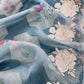 Steel Blue Handloom Kora Silk Suit With Parsi Embroidery
