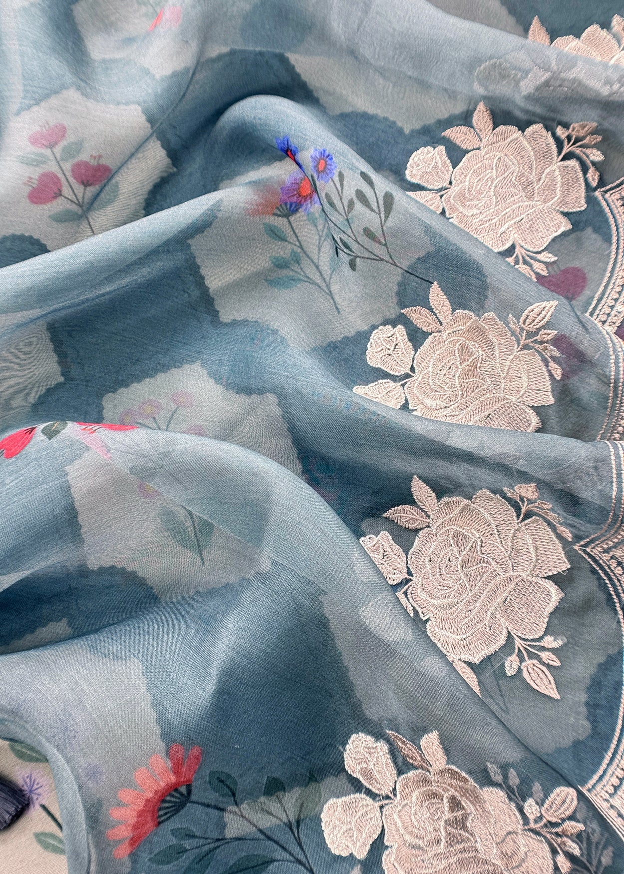 Steel Blue Handloom Kora Silk Suit With Parsi Embroidery
