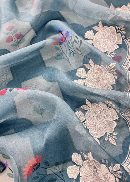 Steel Blue Handloom Kora Silk Suit With Parsi Embroidery