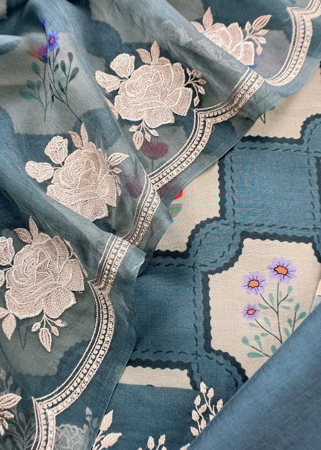 Steel Blue Handloom Kora Silk Suit With Parsi Embroidery