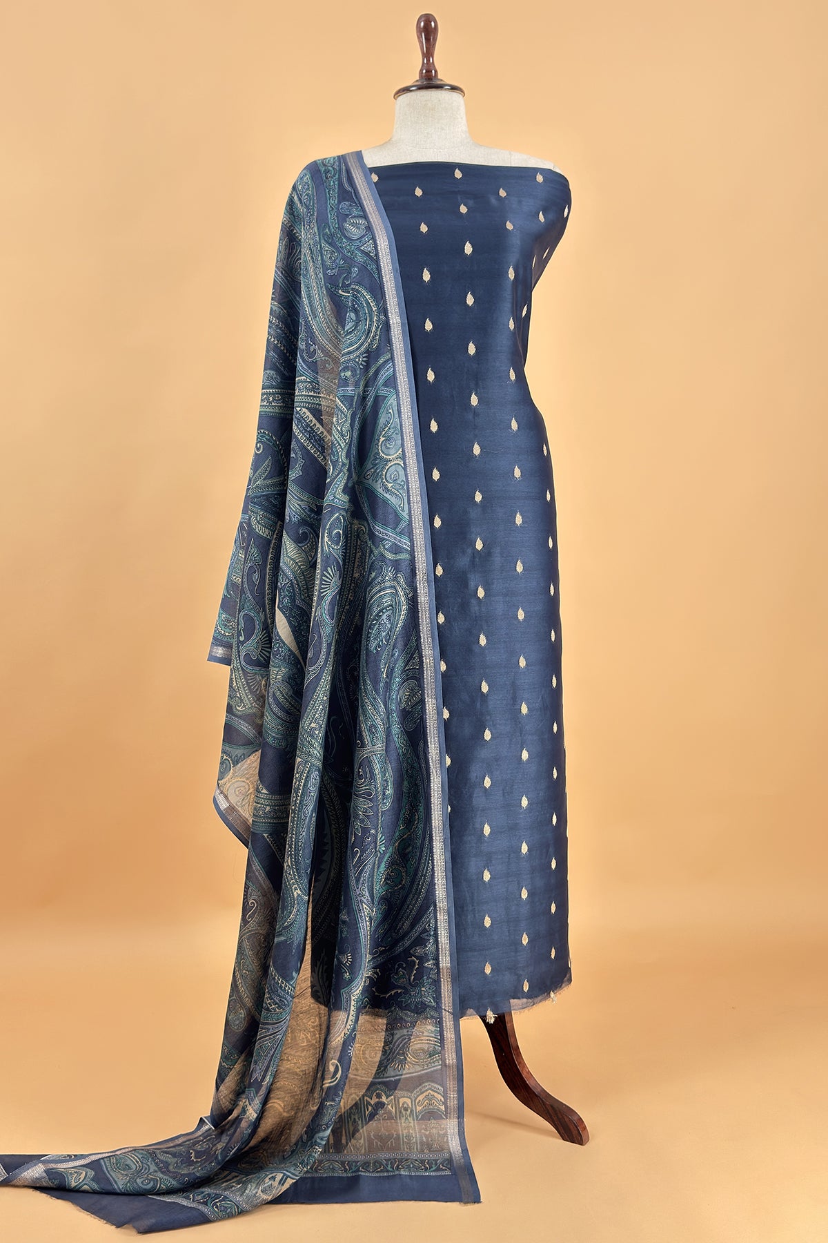 Blue Pure Maheshwari Silk Suit With Dupatta