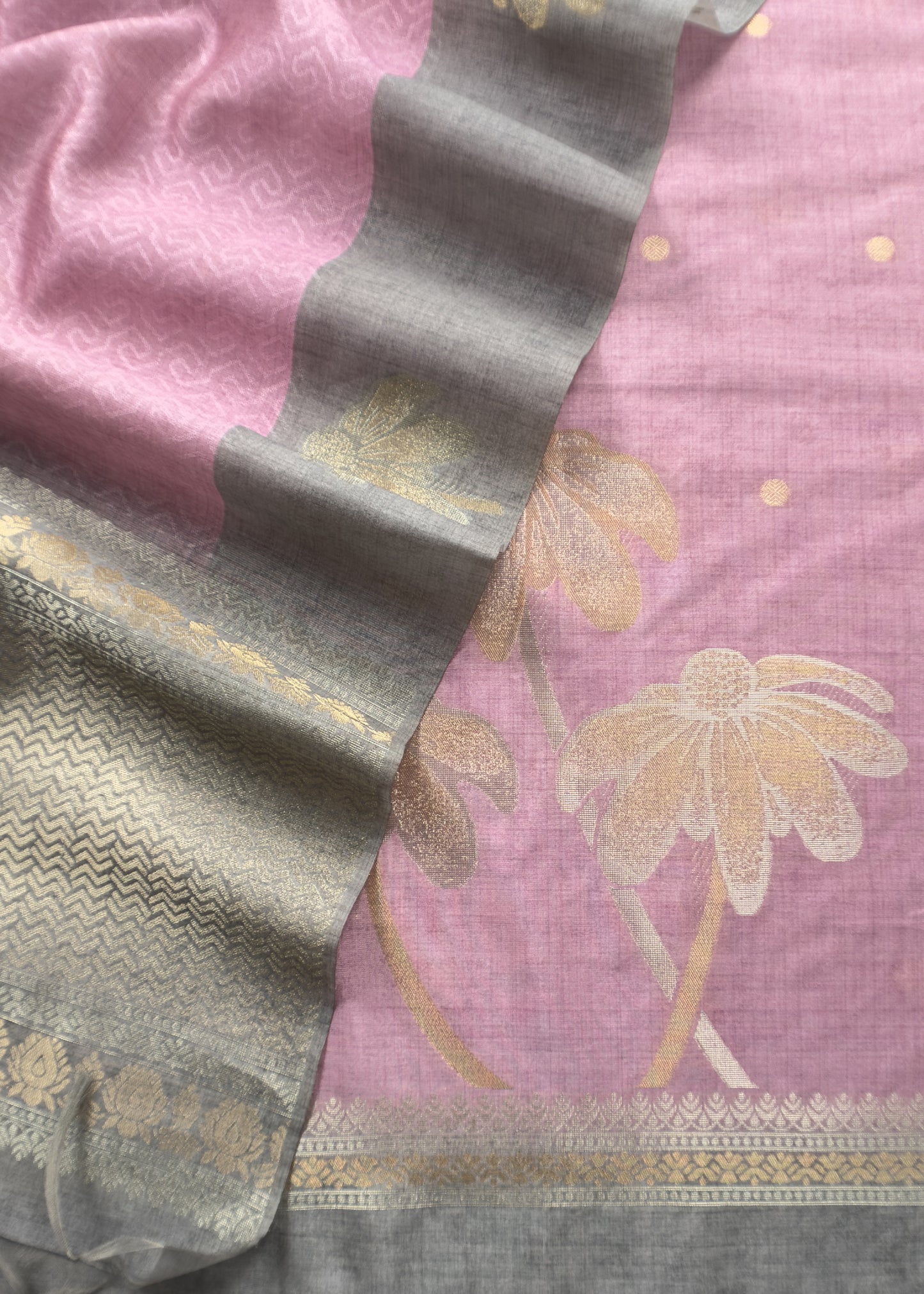 Pink With Grey Tissue Unstiched Suit With Jamdani Weaving