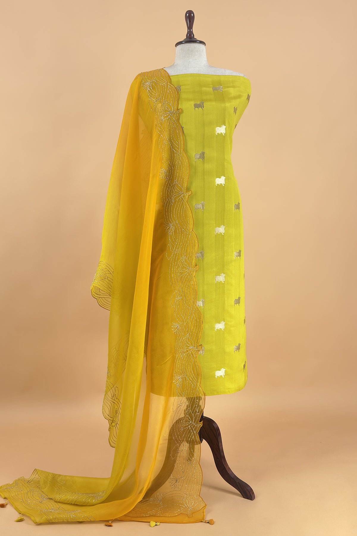Yellow Pure Chiniya Silk Kurta And Ombré Kora Silk Dupatta With Handw