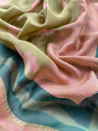 Pure Maheshwari Silk Suit With Block Print Dupatta