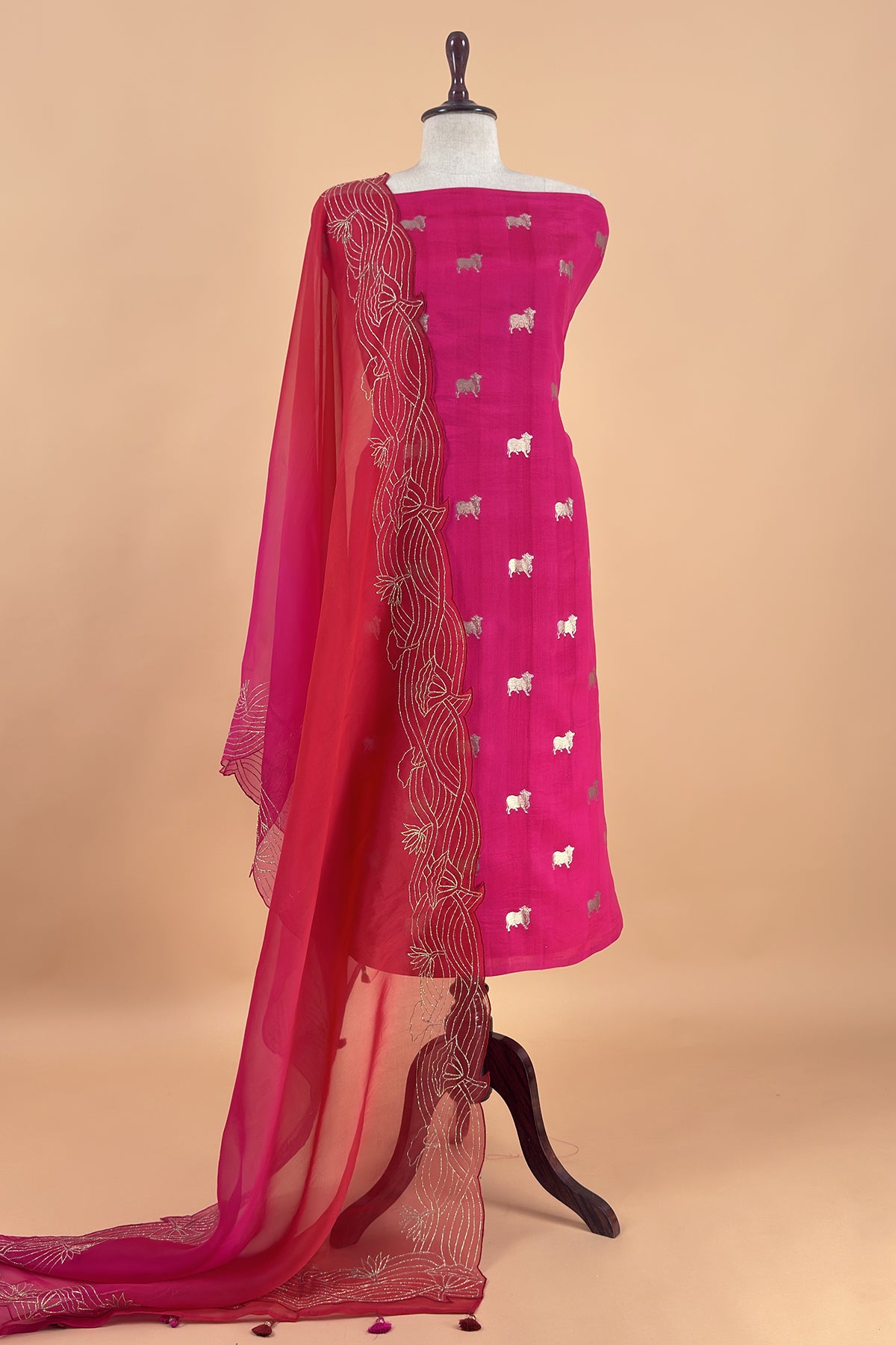 Pink Pure Chiniya Silk Kurta And Ombré Kora Silk Dupatta With Handw