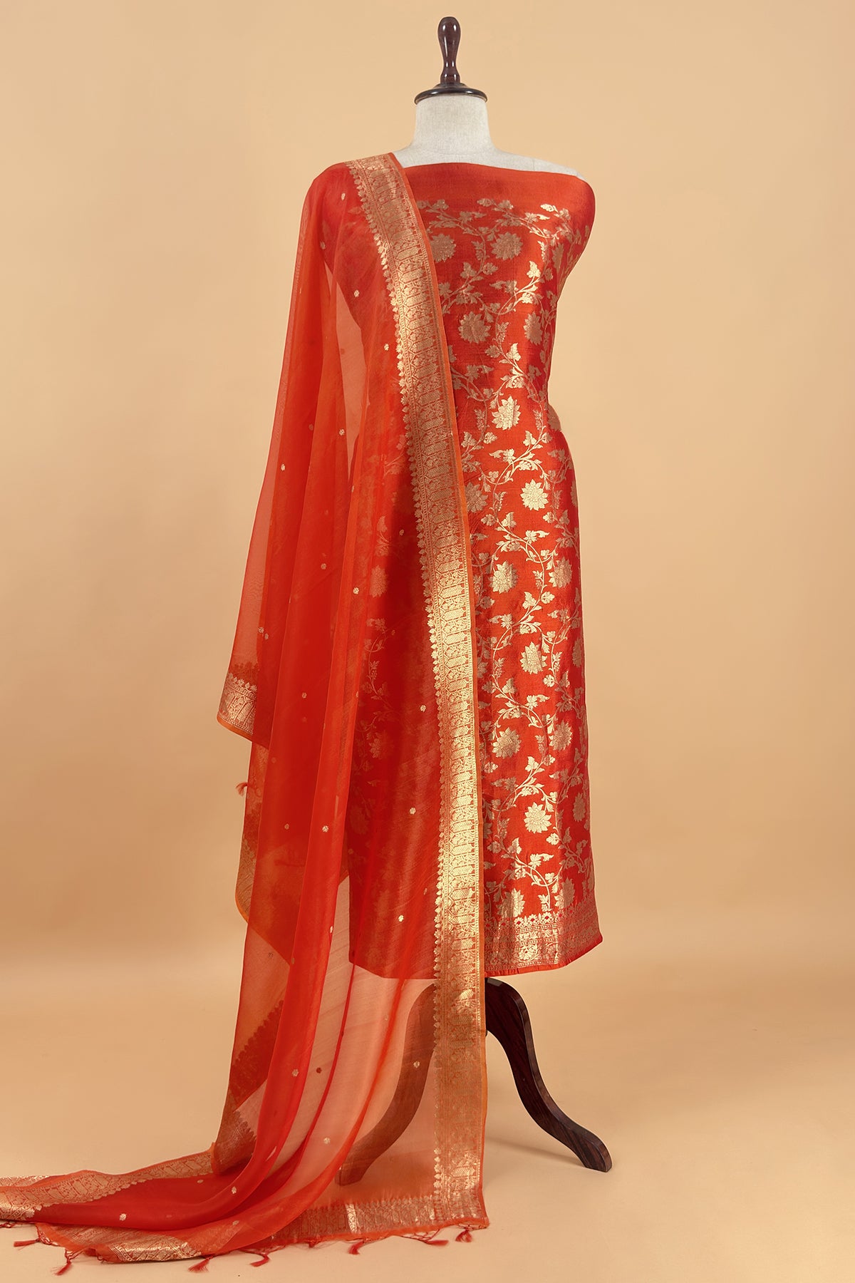 Orange Varanasi Pure Silk Suit With Sonarupa Weaving With Kora Silk Dupatta