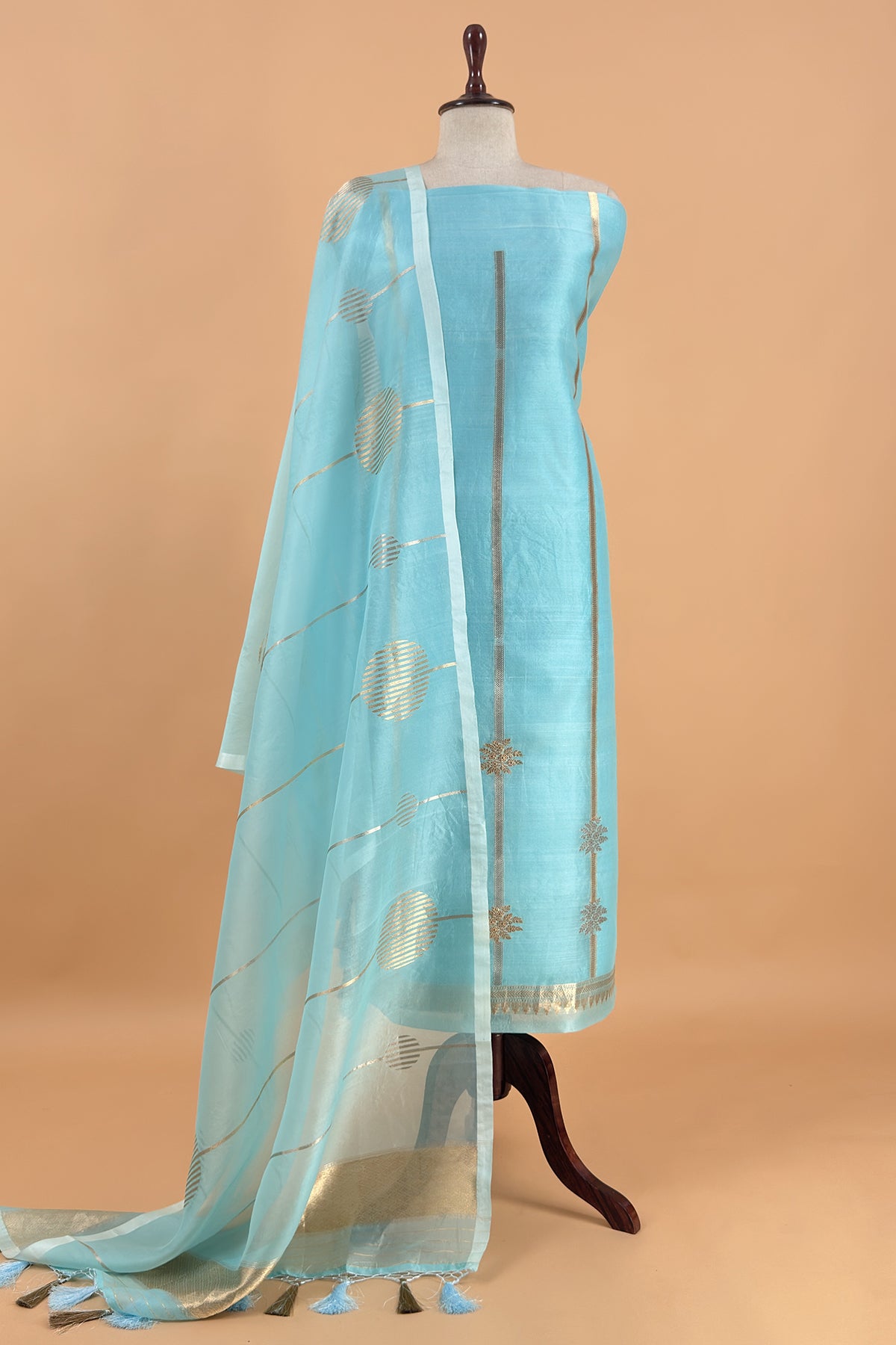 Sky Blue Handloom Kora Silk Suit With Sona Rupa Kadwa Weaving
