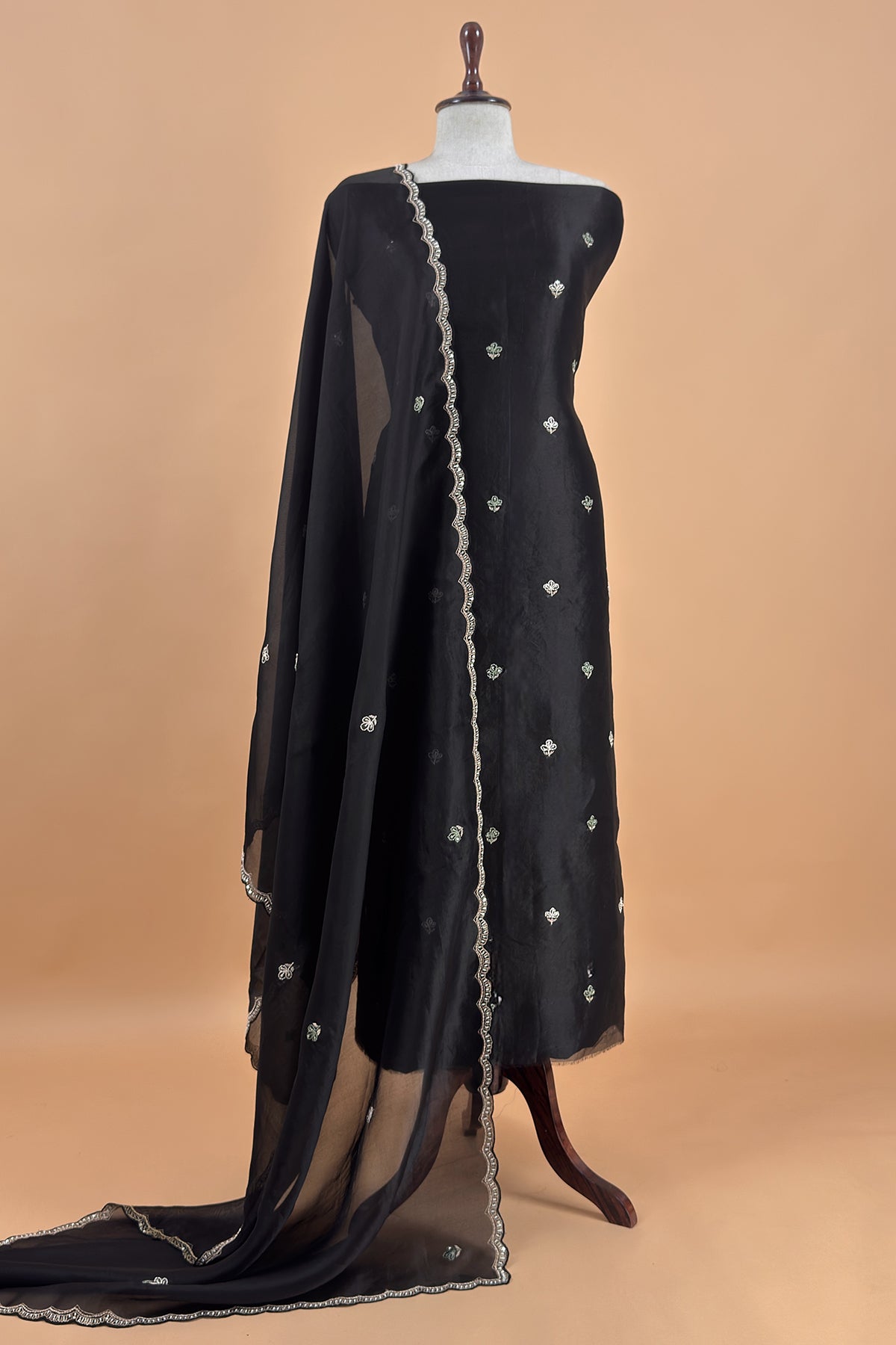 Kalasheel Luxe Midnight Black Handwoven Organza Suit With Hand work