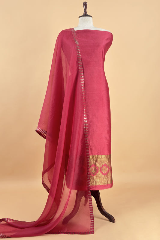 Dark Pink Handloom Varanasi Silk Kurta And Kora Silk Dupatta With Kadwa Weaving