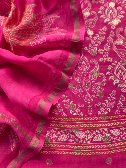 Pink Pure Maheshwari Silk Suit With Banarasi Bootis