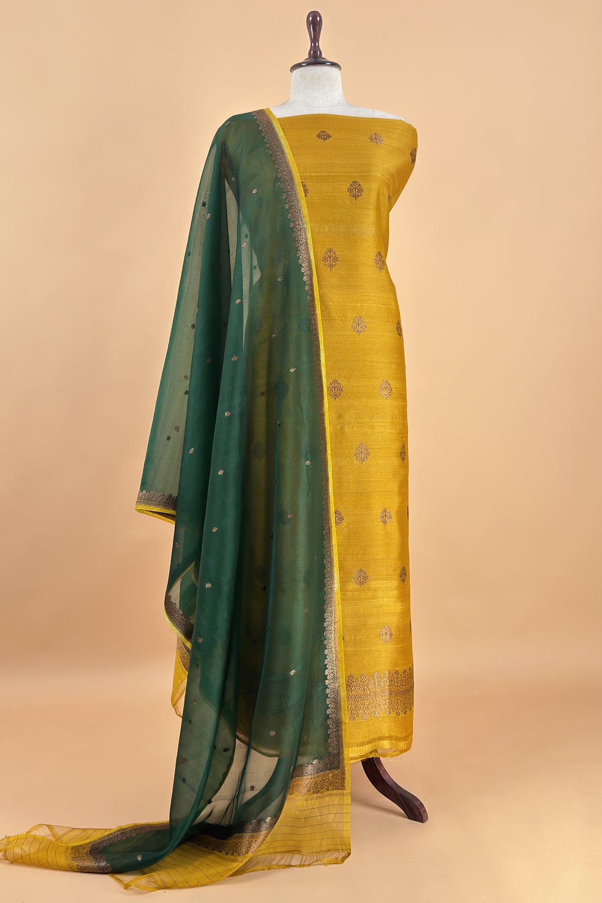 Yellow and Green Handloom Raw Silk Suit With Kora Silk Dupatta