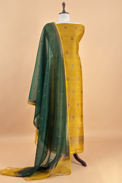 Yellow and Green Handloom Raw Silk Suit With Kora Silk Dupatta