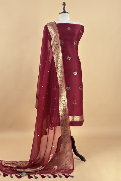 Maroon Handloom Kora Silk Kurta And Kora Silk Dupatta With Meenkari Weaving