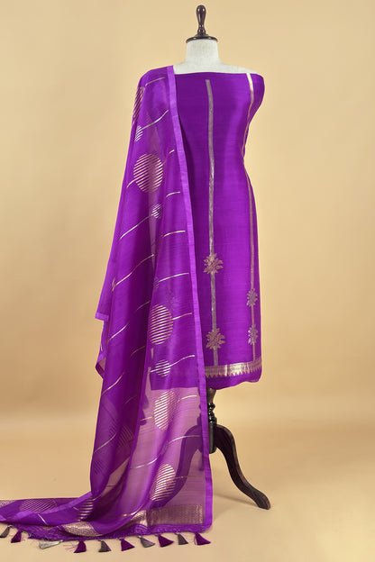 Purple Handloom Designer Kora Silk Suit With Sonarupa Kadwa Weaving