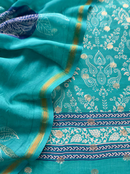 Firozi Pure Maheshwari Silk Suit With Banarasi Bootis
