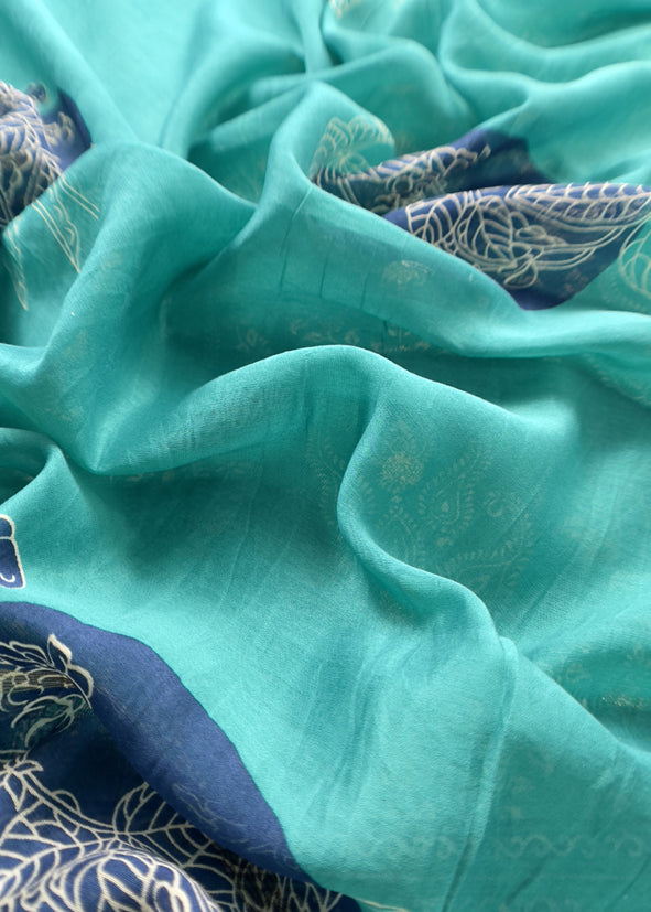 Firozi Pure Maheshwari Silk Suit With Banarasi Bootis