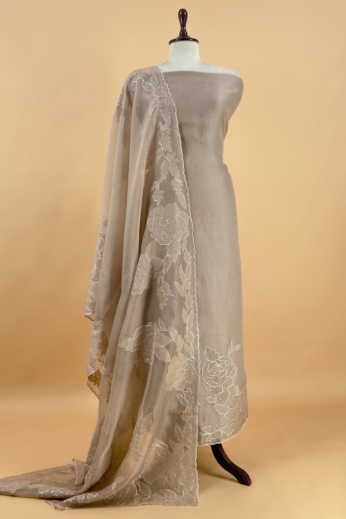 Beige French Roses Handloom Organza Suit Fabric With Appliqué And Pitta Work