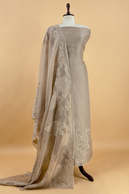 Beige French Roses Handloom Organza Suit Fabric With Appliqué And Pitta Work