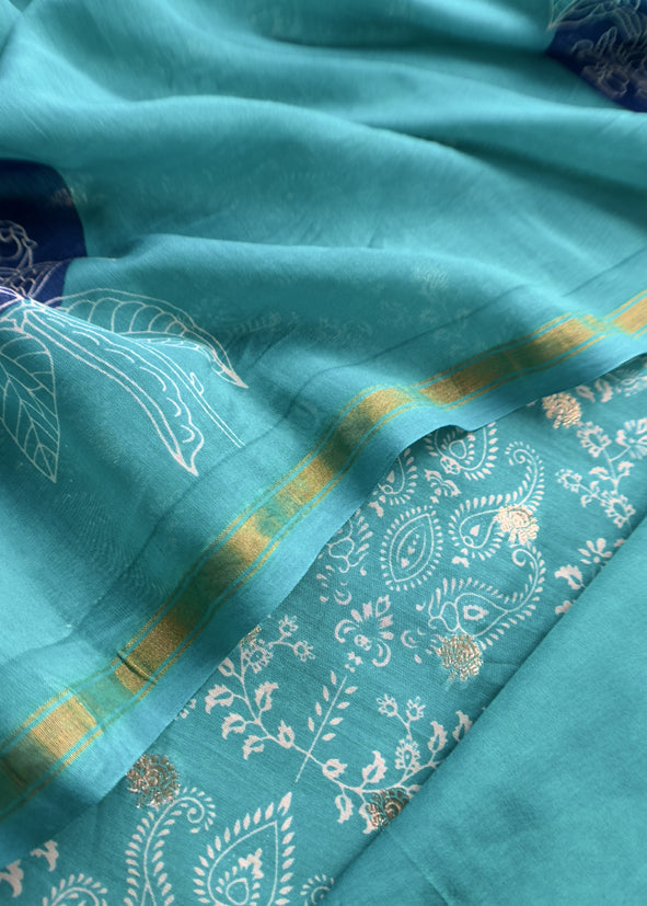Firozi Pure Maheshwari Silk Suit With Banarasi Bootis
