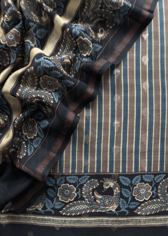 Black Pure Maheshwari Silk Unstitched Suit fabric with Banarasi bootis and Kalamkari print