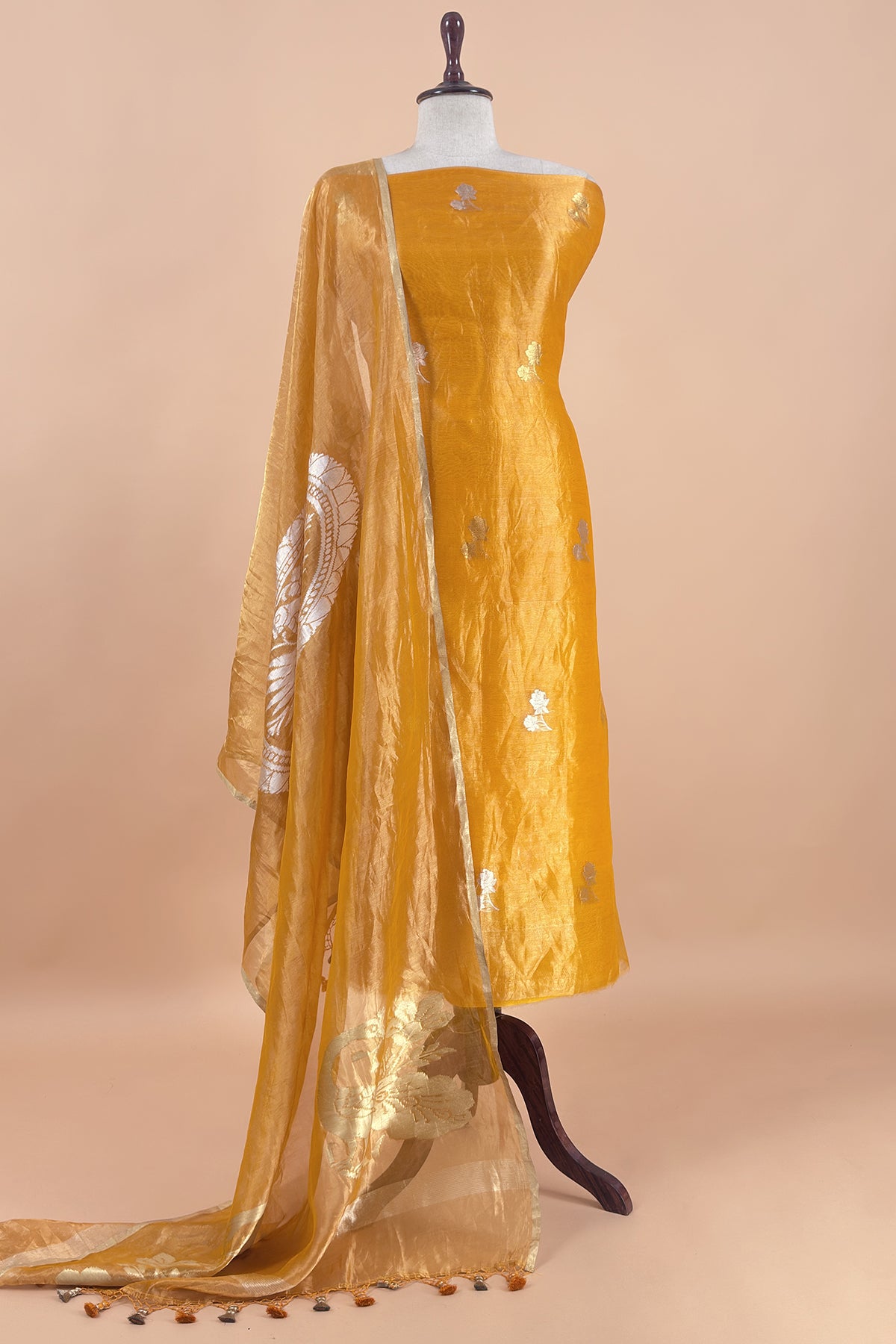 Yellow Handloom Tissue Silk Suit With Kadwa Weaves