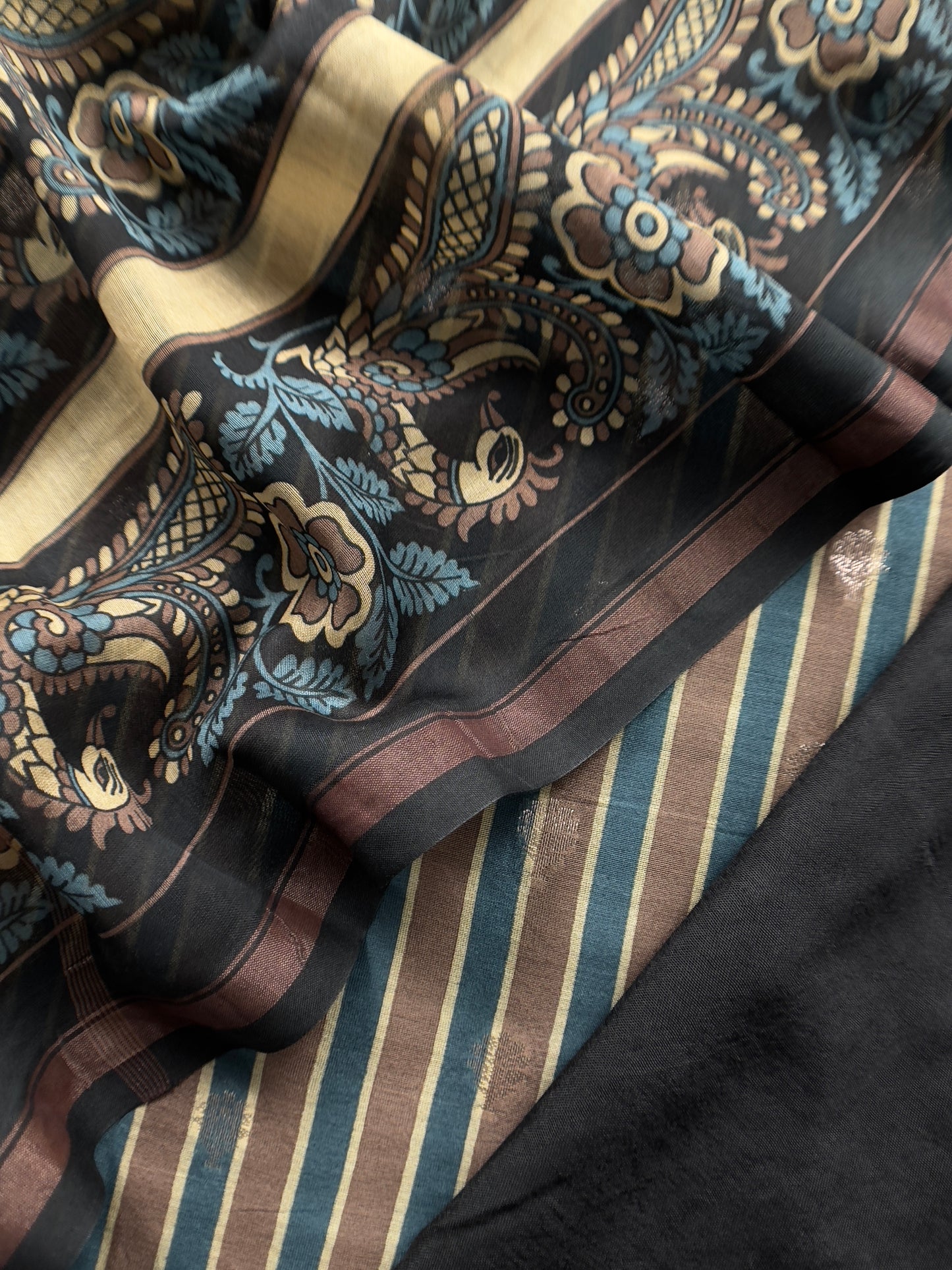 Black Pure Maheshwari Silk Unstitched Suit fabric with Banarasi bootis and Kalamkari print