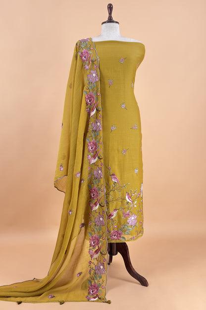 Mustard  Pure Mul Cotton Silk Suit With Thread Embroidery