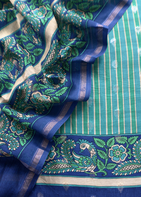 Blue Pure Maheshwari Silk Unstitched Suit fabric with Banarasi bootis and Kalamkari print