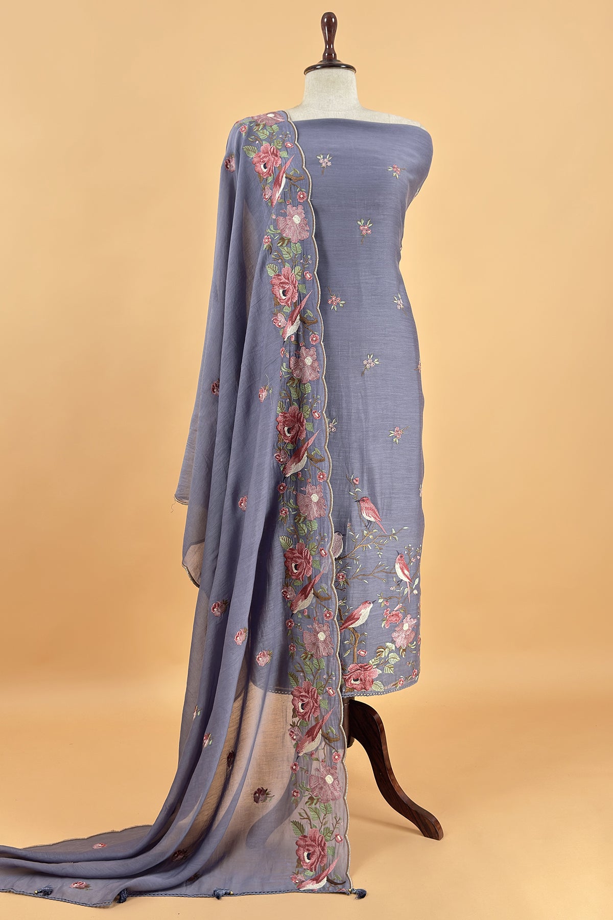 Ice Blue Pure Mul Cotton Silk Suit With Thread Embroidery