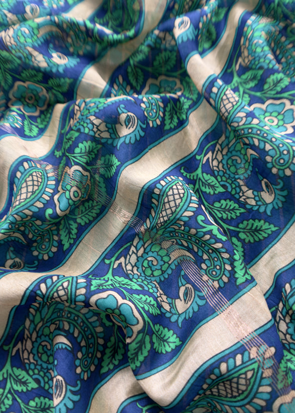 Blue Pure Maheshwari Silk Unstitched Suit fabric with Banarasi bootis and Kalamkari print