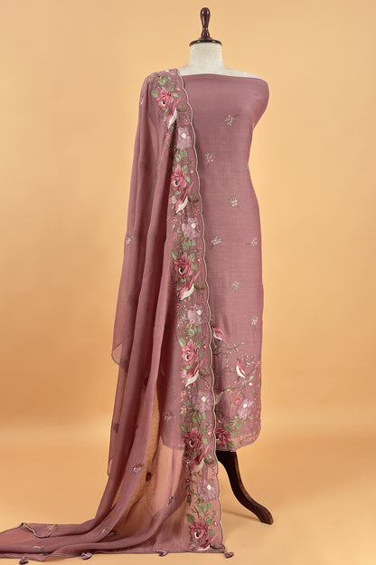 Dusty Pink Pure Mul Cotton Silk Suit With Thread Embroidery