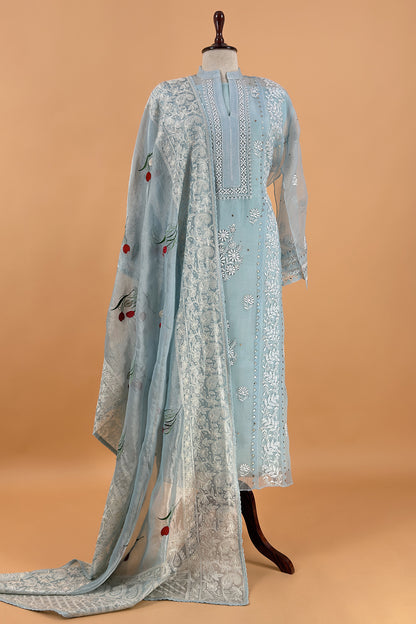 Sky Blue Pure Organza Hand Embroidered Lakhnavi Kurta And Kora Silk Dupatta With Resham Embroidery