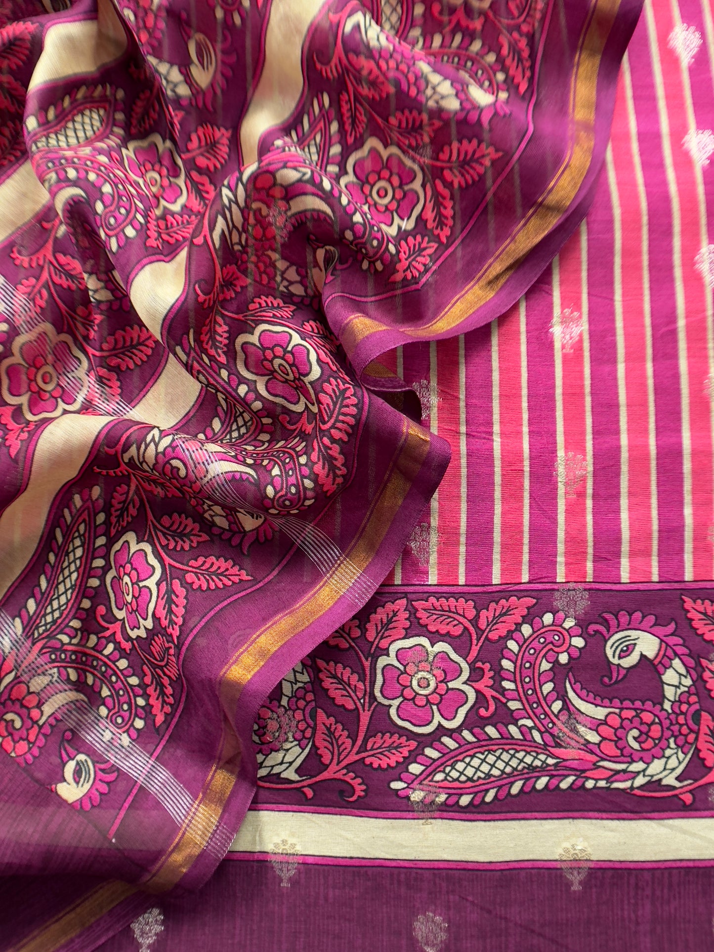 Wine Pure Maheshwari Silk Unstitched Suit fabric with Banarasi bootis and Kalamkari print