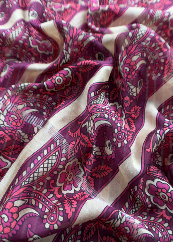 Wine Pure Maheshwari Silk Unstitched Suit fabric with Banarasi bootis and Kalamkari print