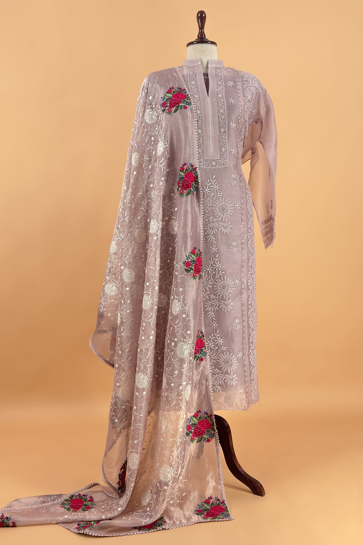 Mauve Pink Pure Organza Hand Embroidered Lakhnavi Kurta And Kora Silk Dupatta With Resham Embroidery