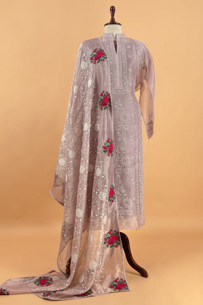 Mauve Pink Pure Organza Hand Embroidered Lakhnavi Kurta And Kora Silk Dupatta With Resham Embroidery