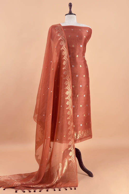 Peach Pure Kora Silk Kadwa Weaves Unstitched Suit With Dupatta