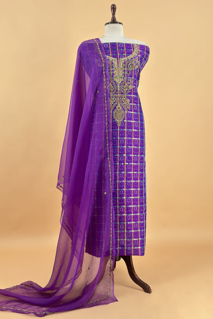 Mahalakshmi Violet Handloom Ikkat gold checks kurta and Organza dupatta with Jadau zardosi zari Handwork